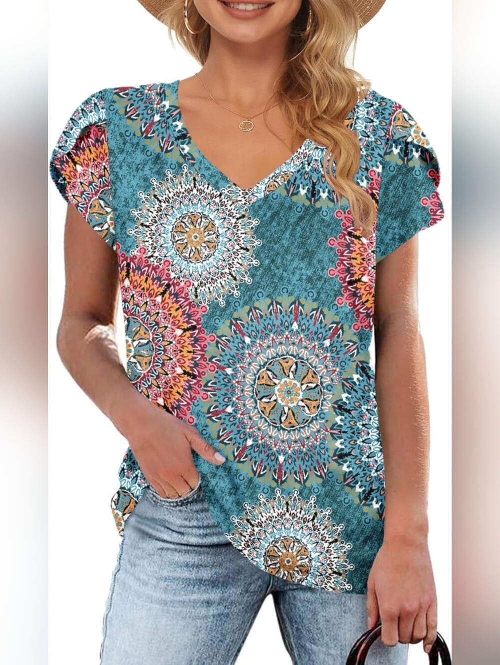NWT WNEEDU Blue/Multi-Coloured Mandala Print Petal Short-Sleeved Top Sz 2X